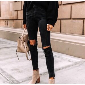 Free People Distressed Black Gray Denim Jeans 32 Raw Hem Skinny Fit Busted Knee